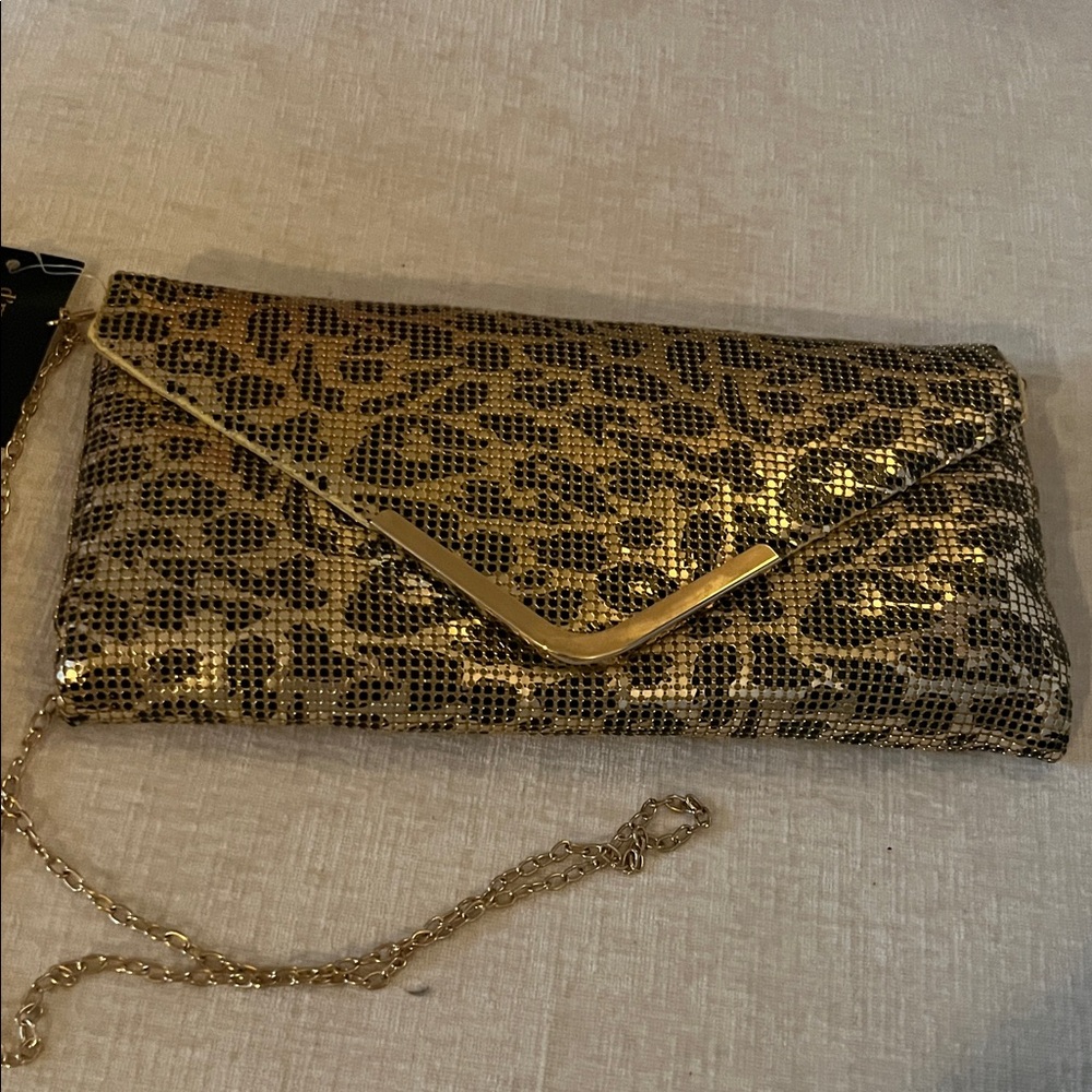 New Elegant Gold Animal Print Clutch with Chain